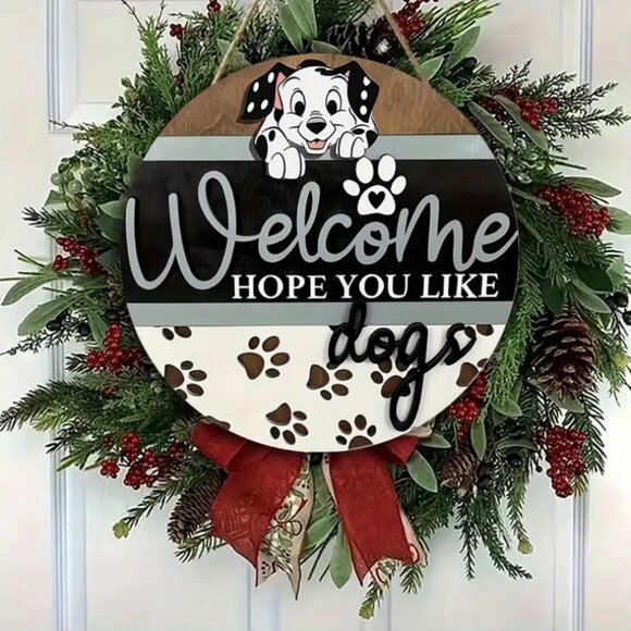 New - Dalmation Dog Wreath/Wall Decor/Door Wreath "Welcome Hope You Like Dogs" - Picture 1 of 4